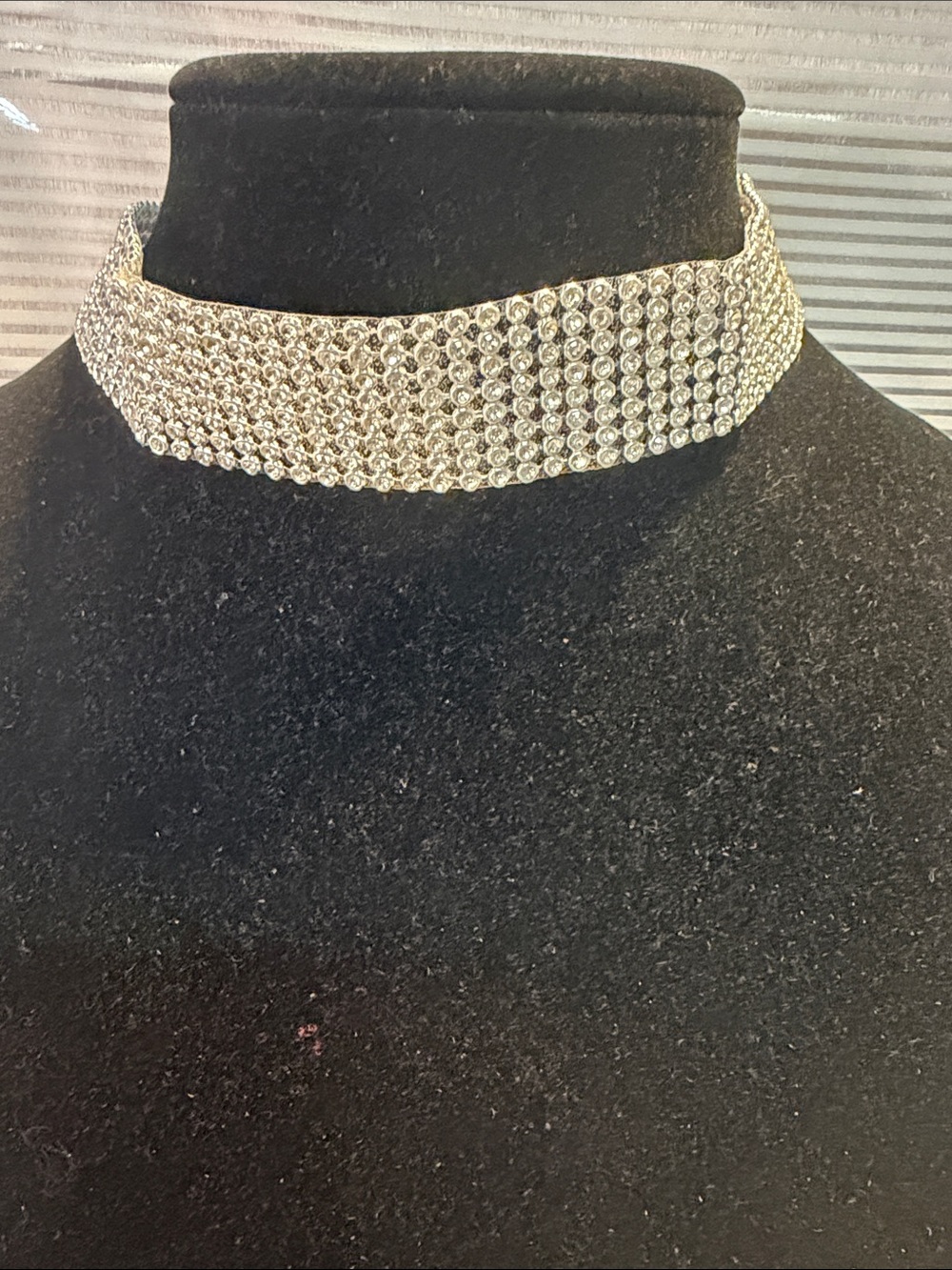 Source Unknown Silver Crystal Multi-Row Choker Necklace